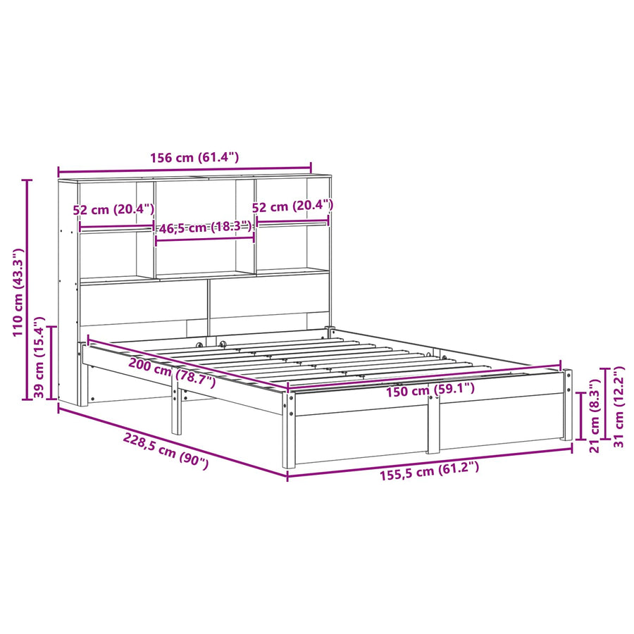 Boekenkast Bedframe Wasbruin 150 x 200 cm Massief Vurenhout
