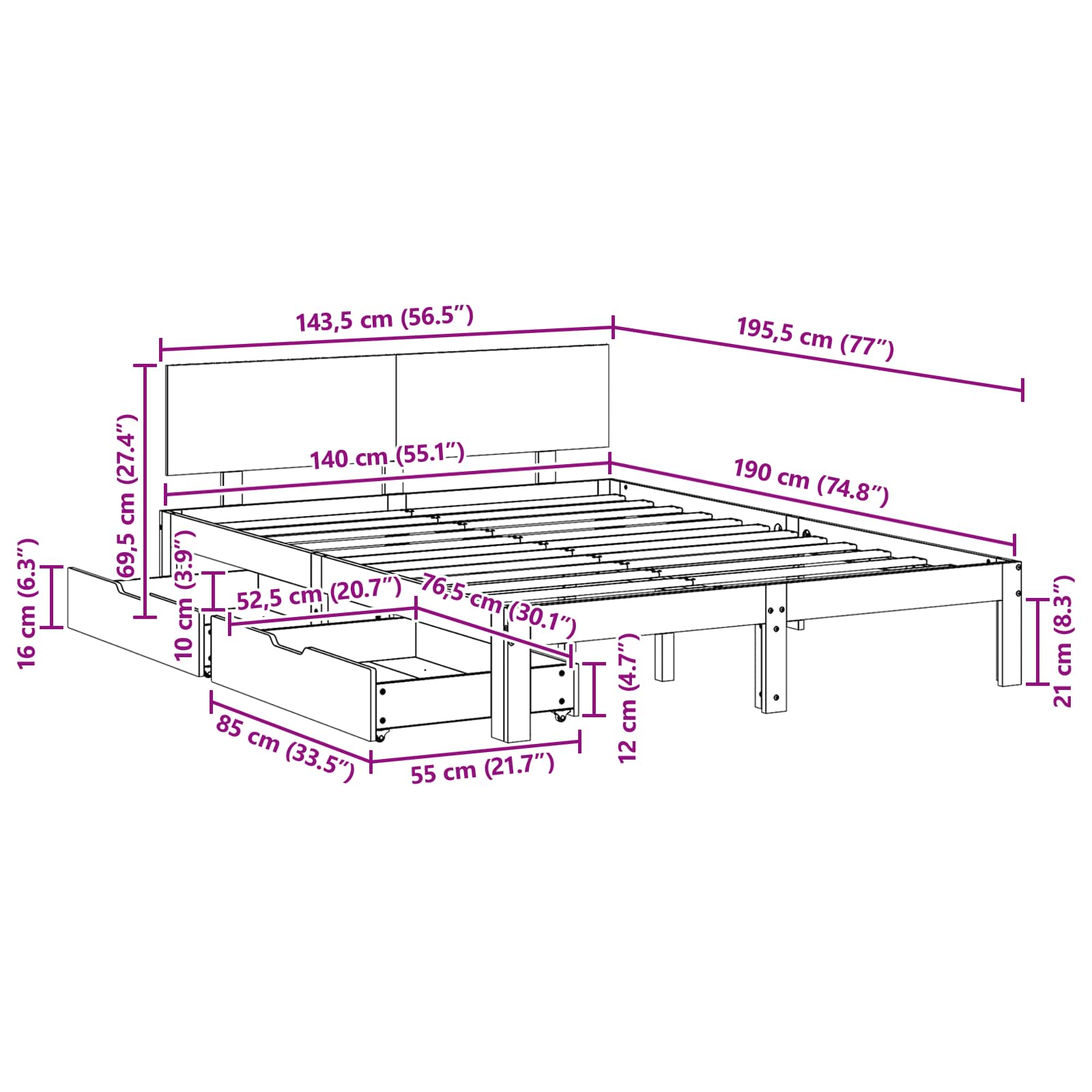 Bedframe met hoofdeinde 3 pcs Wasbruin Massief Vurenhout