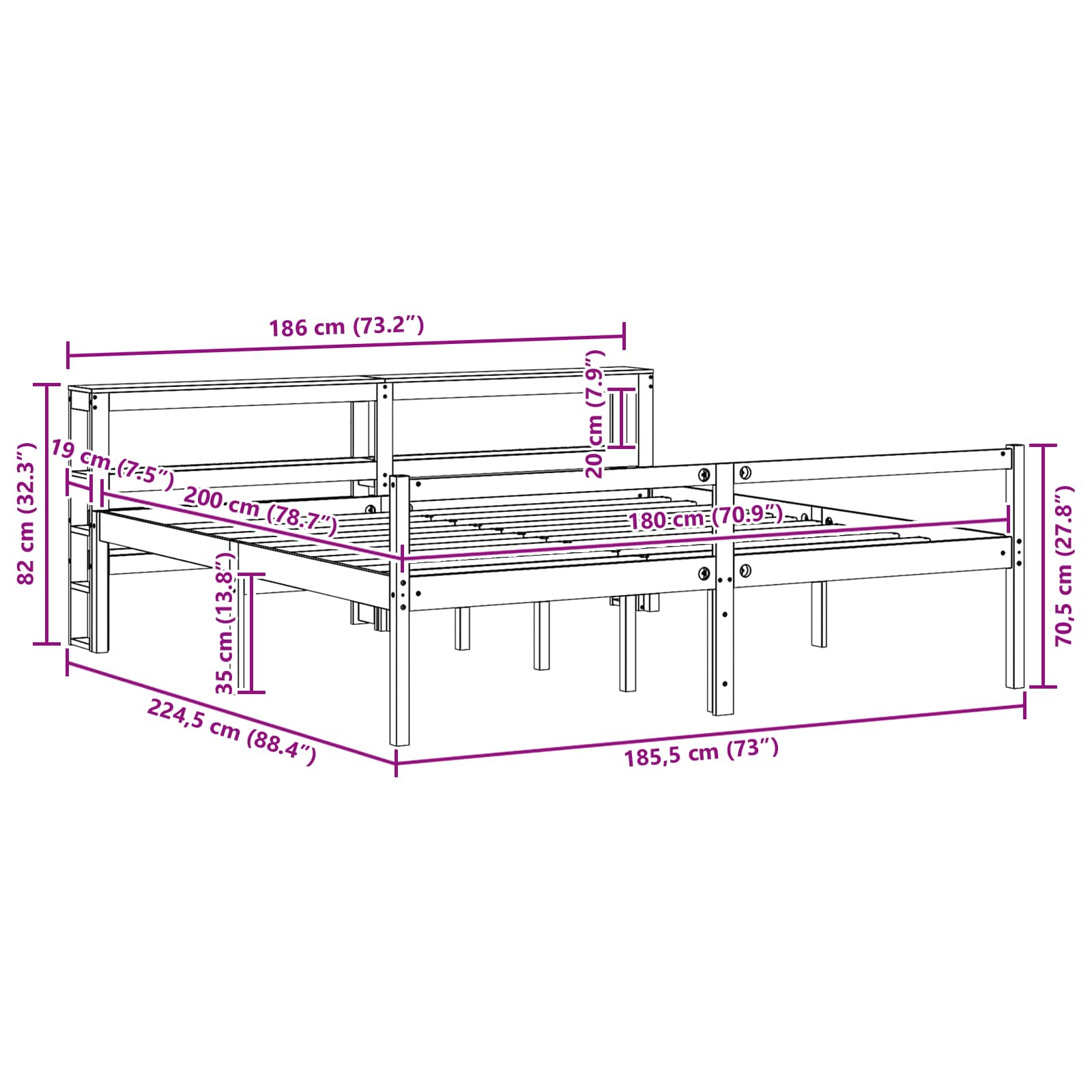 Bedframe met hoofdeinde 2 pcs Wasbruin Massief Vurenhout