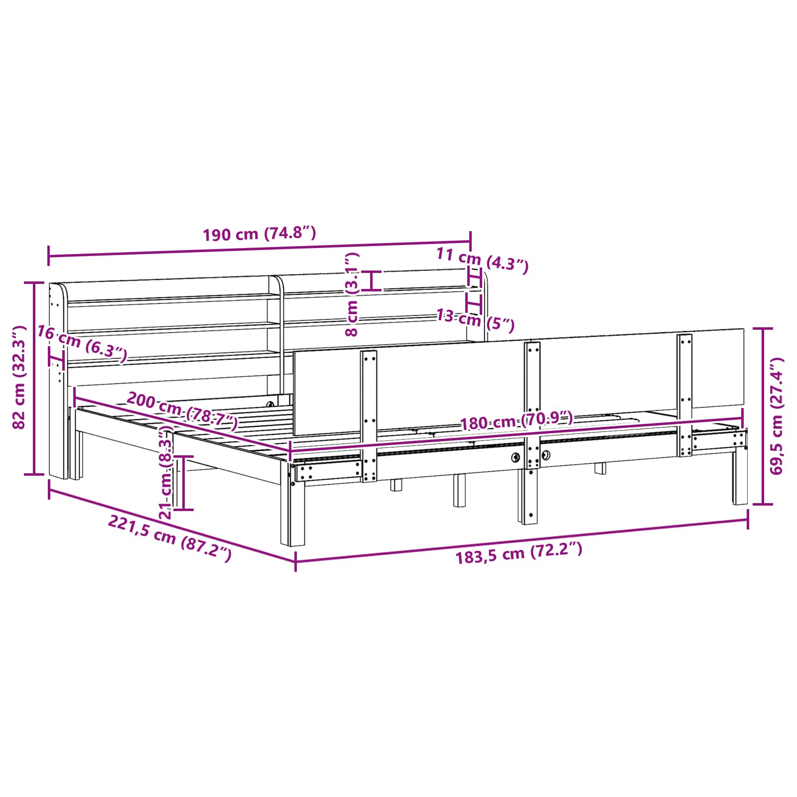 Bedframe met hoofdeinde 2 pcs Wasbruin Massief Vurenhout