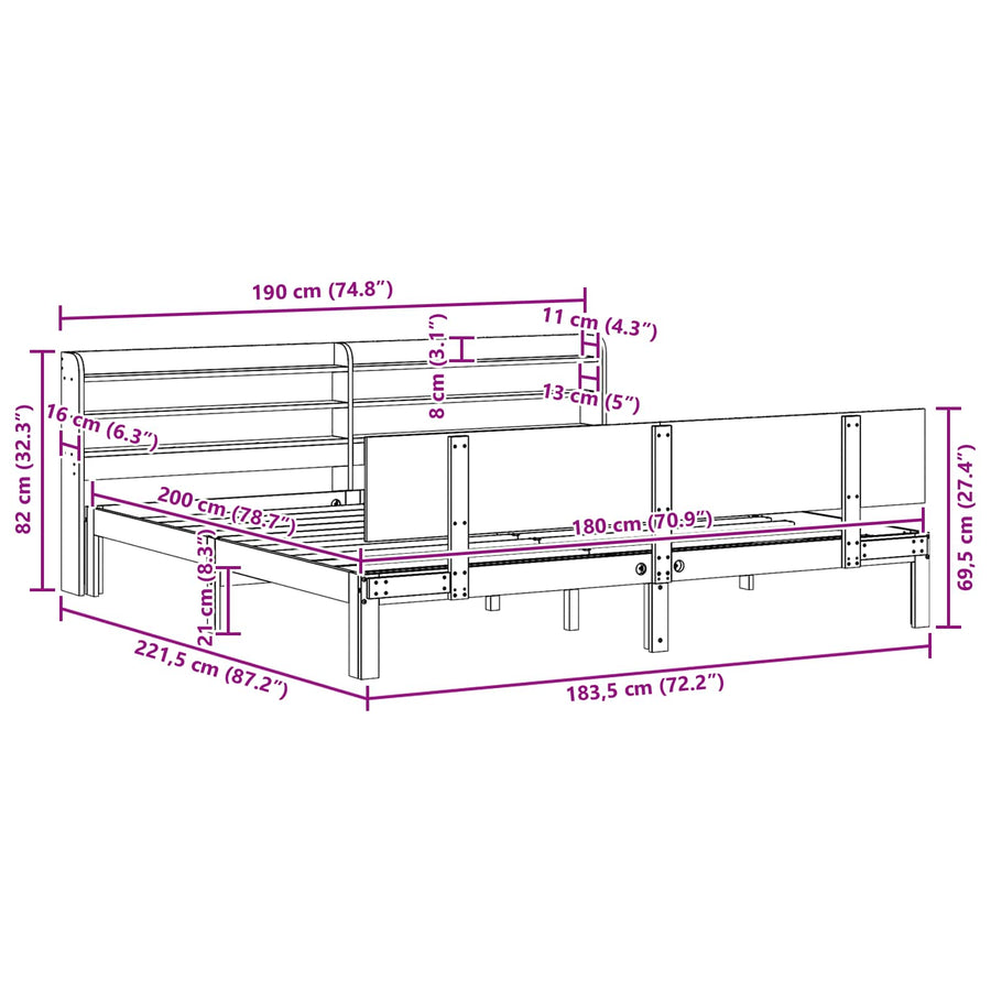 Bedframe met hoofdeinde 2 pcs Wasbruin Massief Vurenhout
