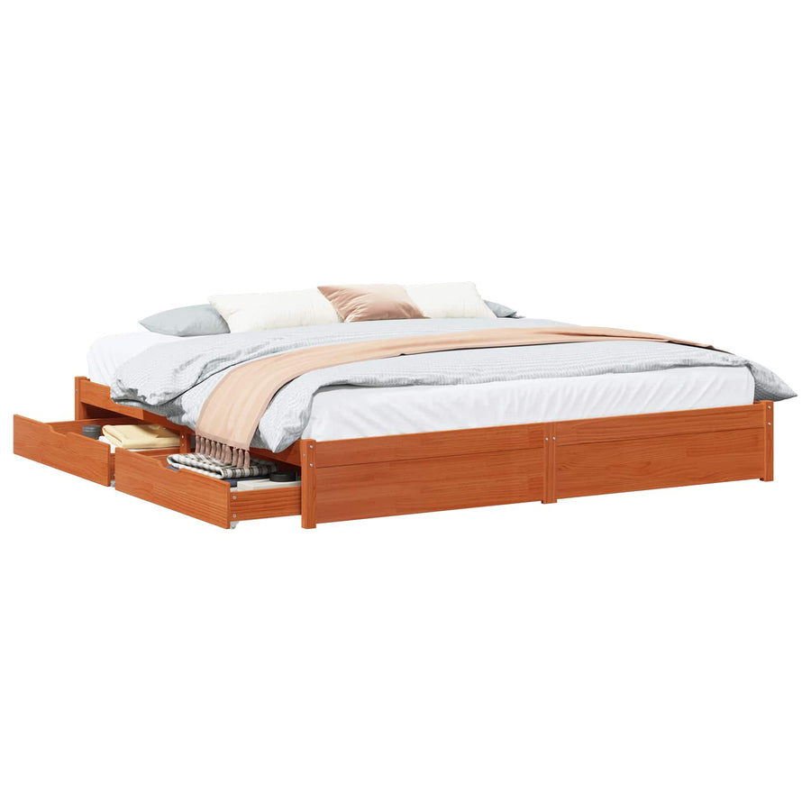 Bedframe met lade Wasbruin 200 x 200 cm Massief Vurenhout