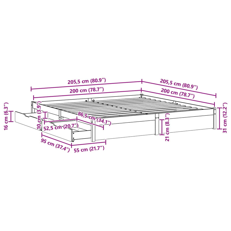 Bedframe met lade Wasbruin 200 x 200 cm Massief Vurenhout