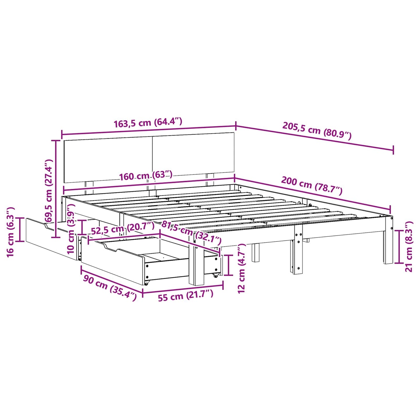 Bedframe met hoofdeinde 3 pcs Wasbruin Massief Vurenhout