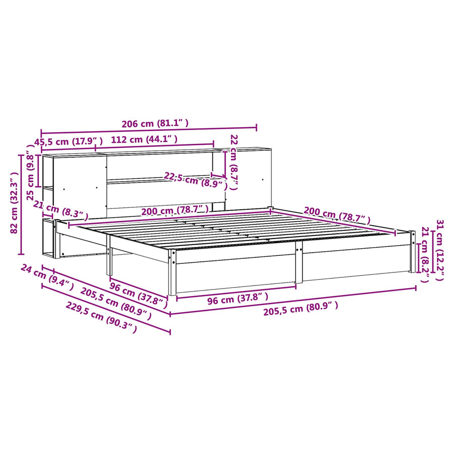 Boekenkast Bedframe Wasbruin 200 x 200 cm Massief Vurenhout