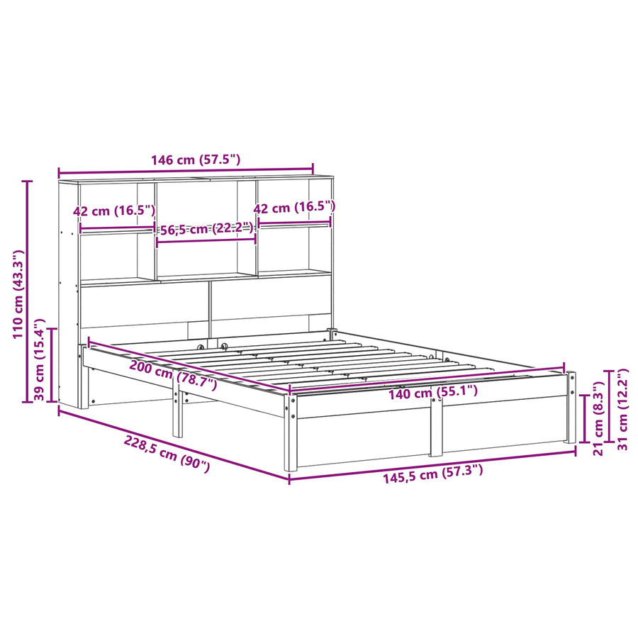 Boekenkast Bedframe Wasbruin 140 x 200 cm Massief Vurenhout