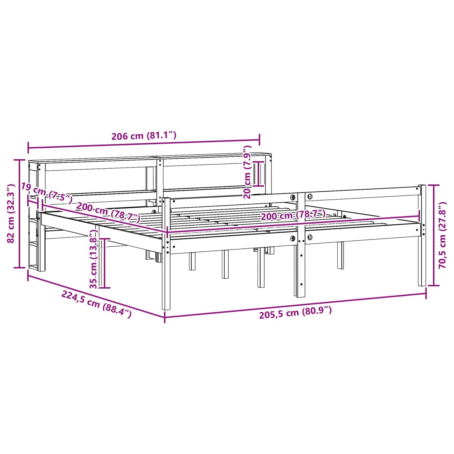 Bedframe met hoofdeinde 2 pcs Wasbruin Massief Vurenhout