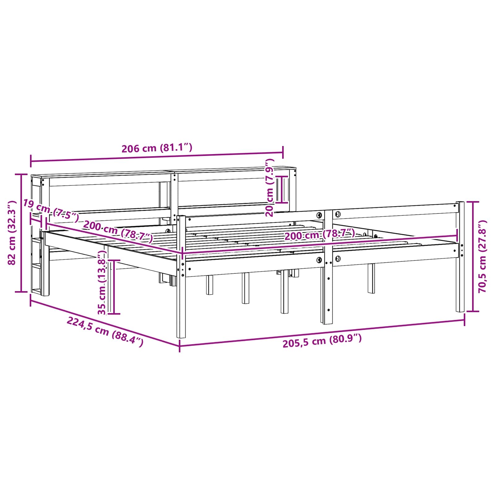 Bedframe met hoofdeinde 2 pcs Wasbruin Massief Vurenhout