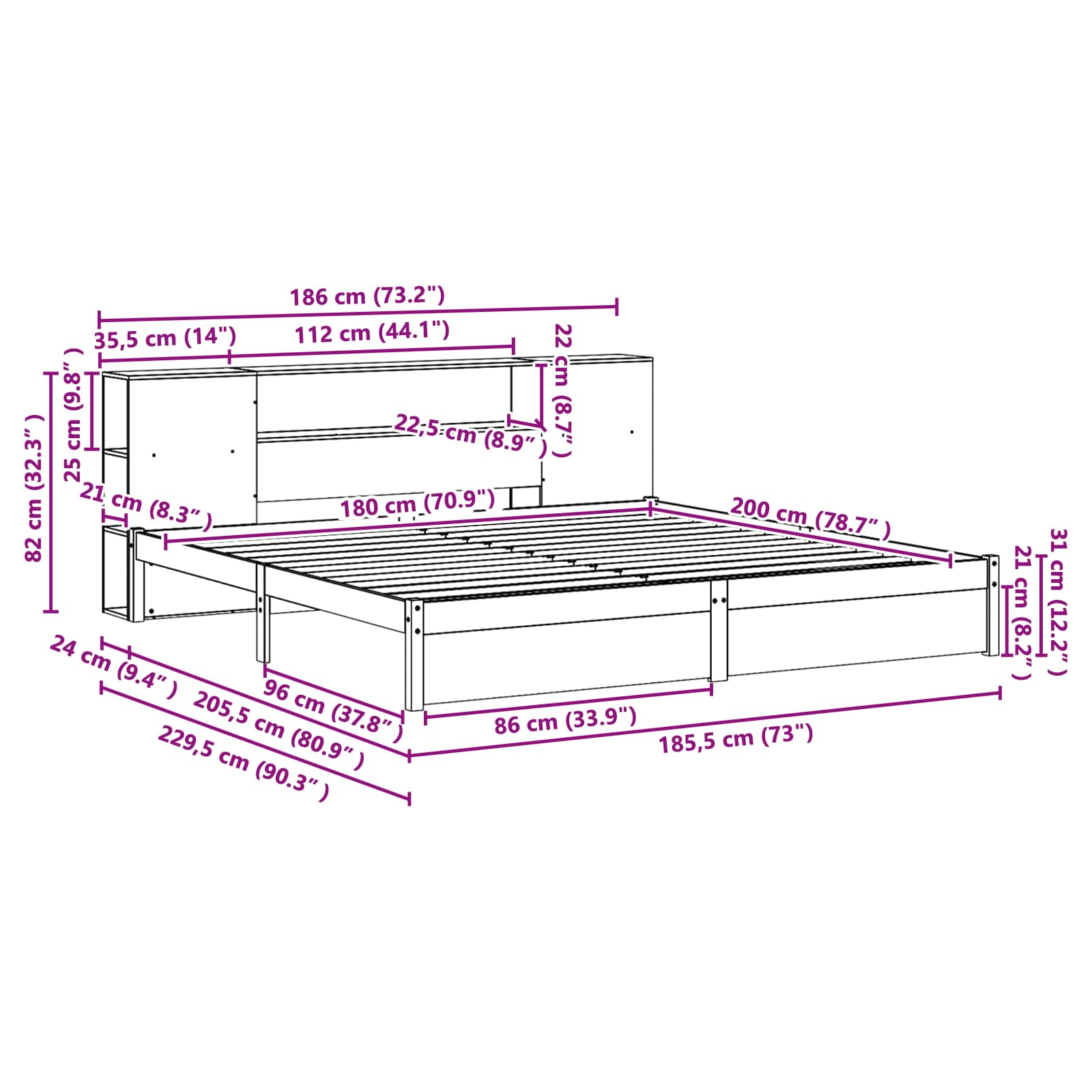 Boekenkast Bedframe Wasbruin 180 x 200 cm Massief Vurenhout