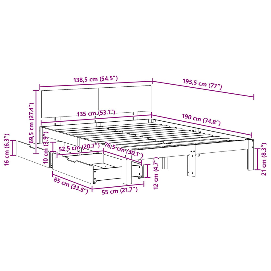 Bedframe met hoofdeinde 3 pcs Wasbruin Massief Vurenhout