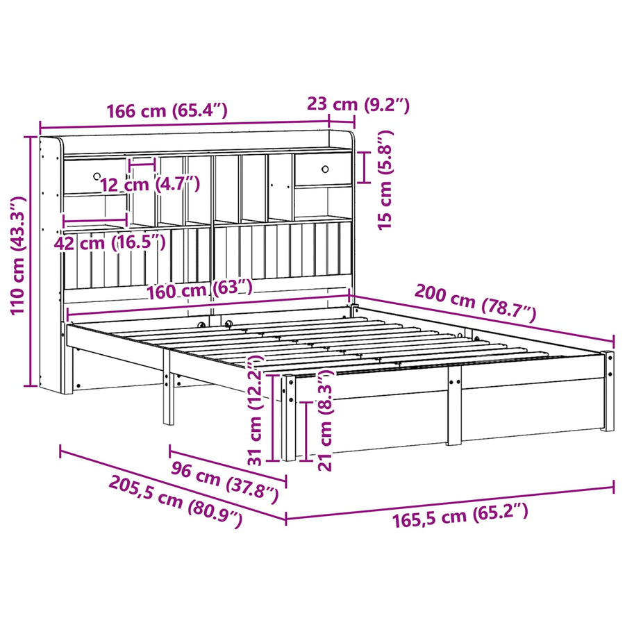 Boekenkast Bedframe met hoofdeinde 2 pcs Wasbruin 200 x 160 cm