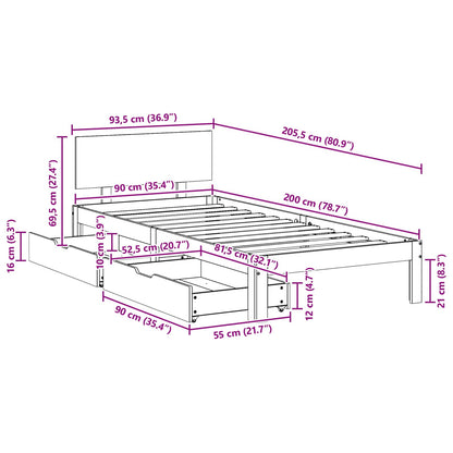Bedframe met hoofdeinde 3 pcs Wasbruin Massief Vurenhout