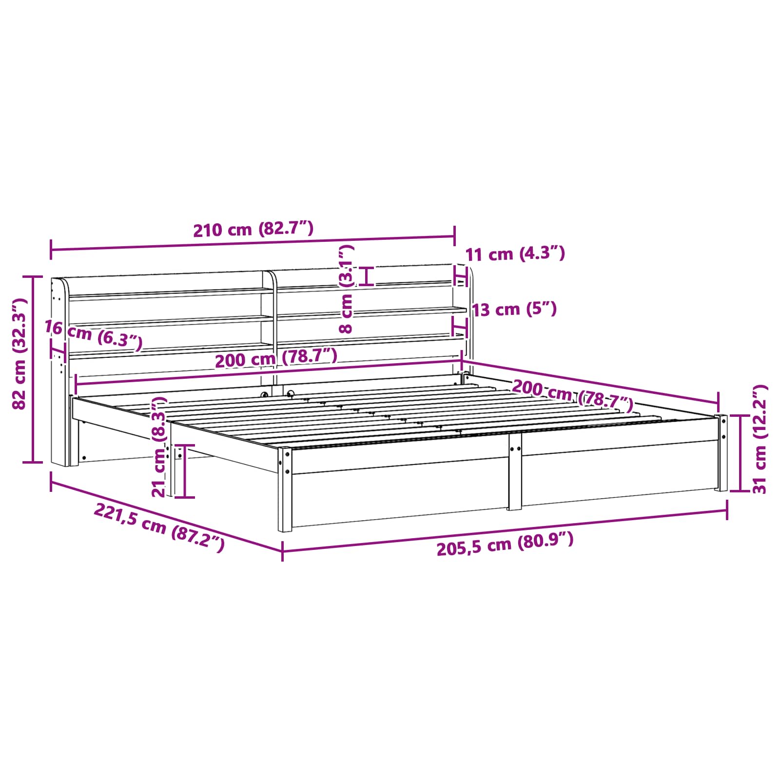 Bedframe met hoofdeinde Wasbruin 200 x 200 cm Massief Vurenhout
