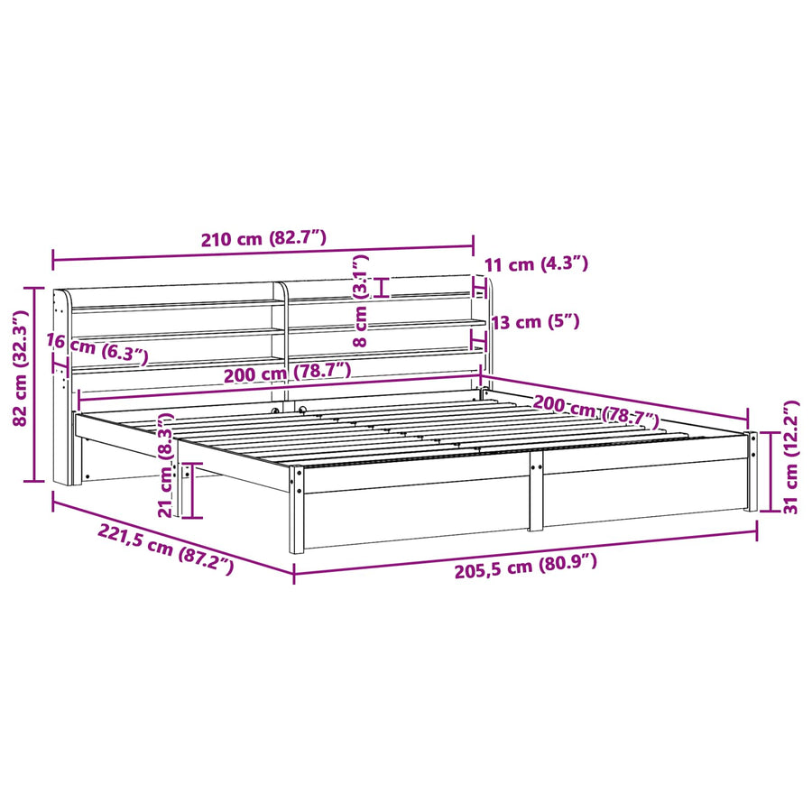 Bedframe met hoofdeinde Wasbruin 200 x 200 cm Massief Vurenhout