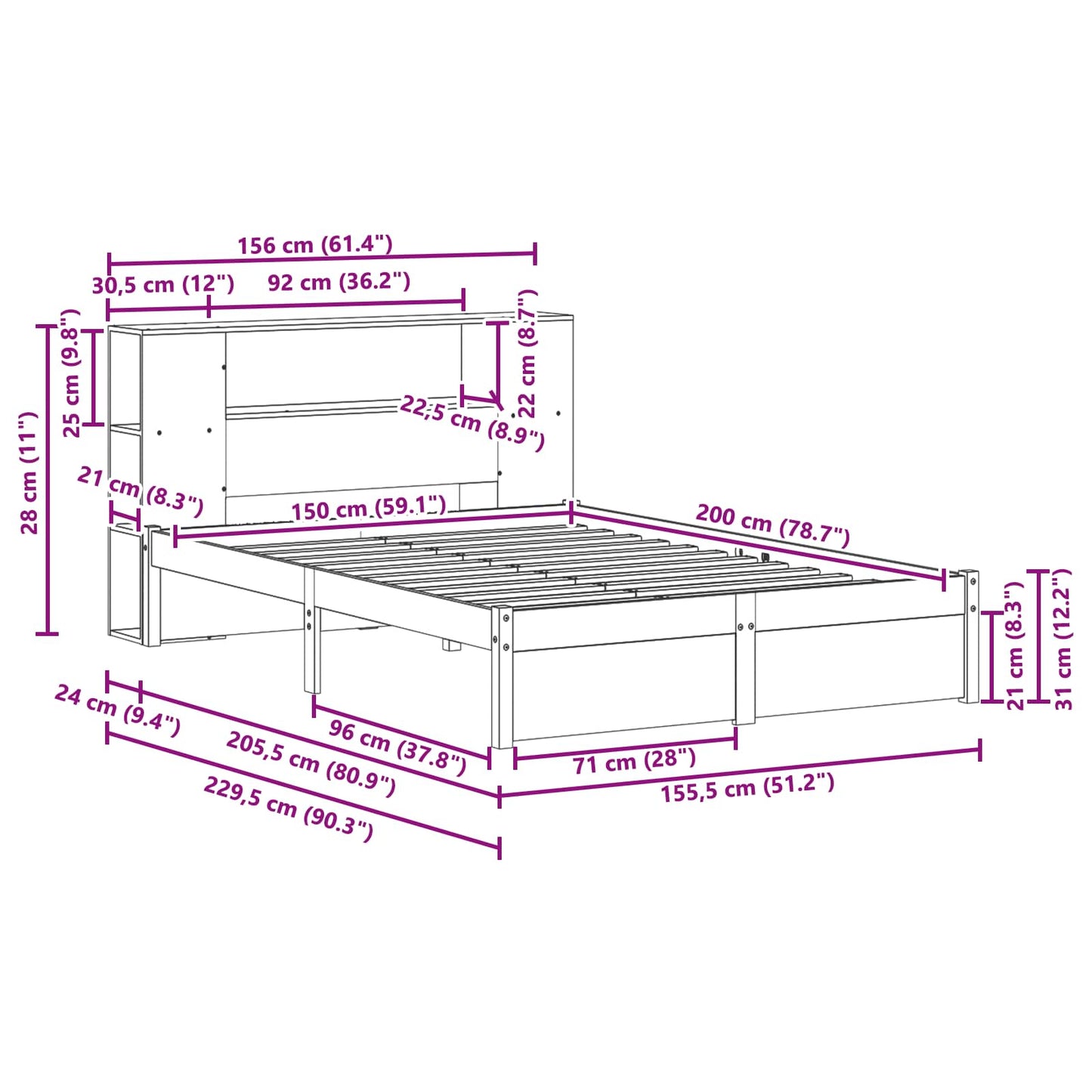 Boekenkast Bedframe Wasbruin 150 x 200 cm Massief Vurenhout