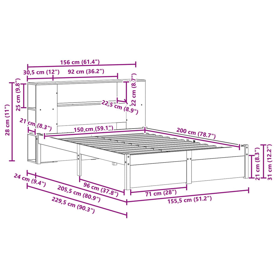 Boekenkast Bedframe Wasbruin 150 x 200 cm Massief Vurenhout