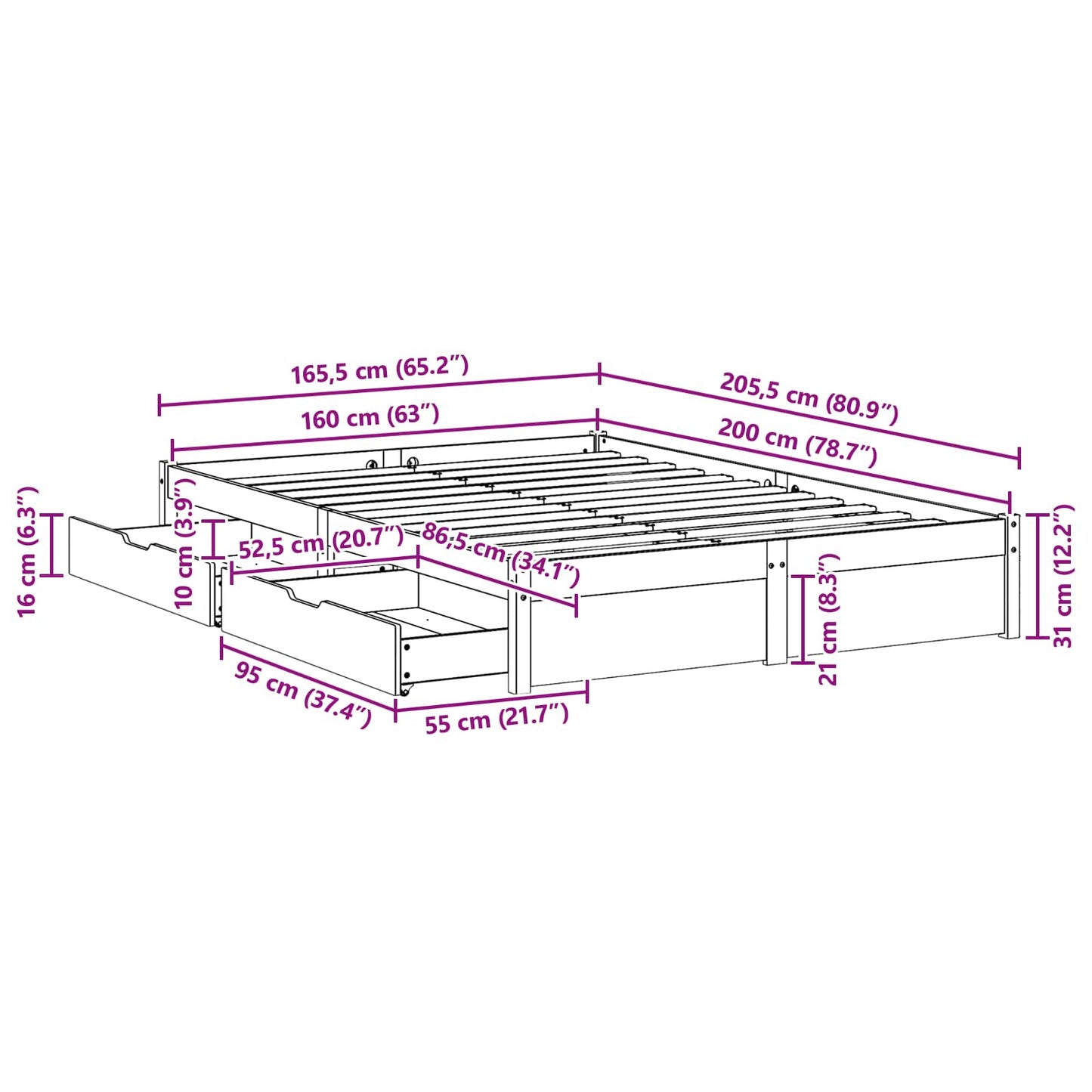 Bedframe met lade met opslag 3 pcs Wasbruin Massief Vurenhout