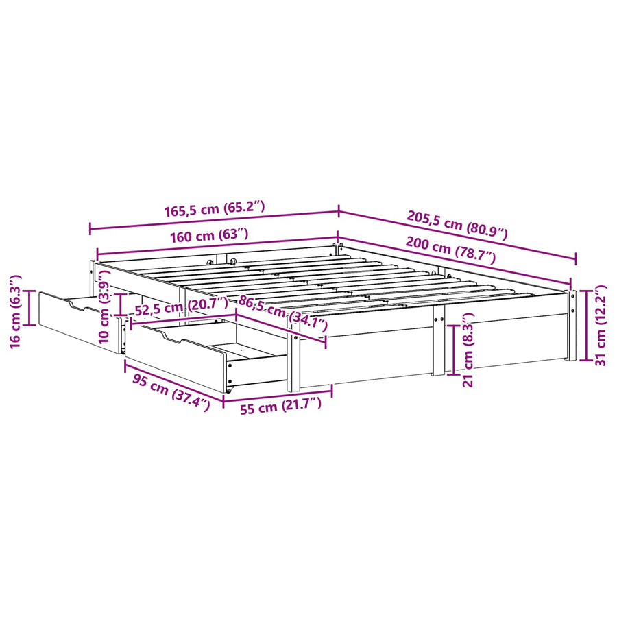 Bedframe met lade met opslag 3 pcs Wasbruin Massief Vurenhout
