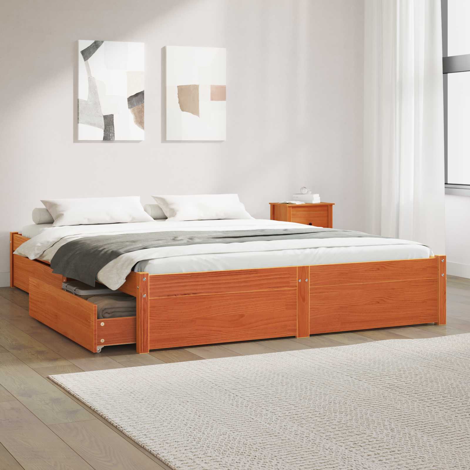 Bedframe met lade Wasbruin 140 x 200 cm Massief Vurenhout
