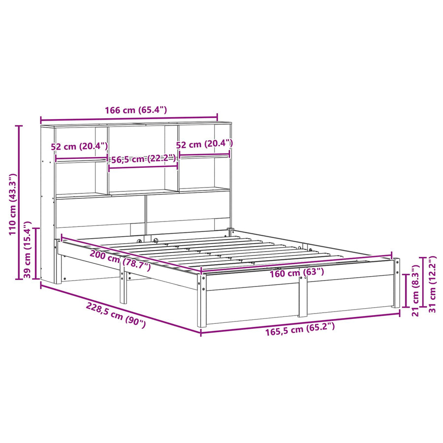Boekenkast Bedframe Wasbruin 160 x 200 cm Massief Vurenhout