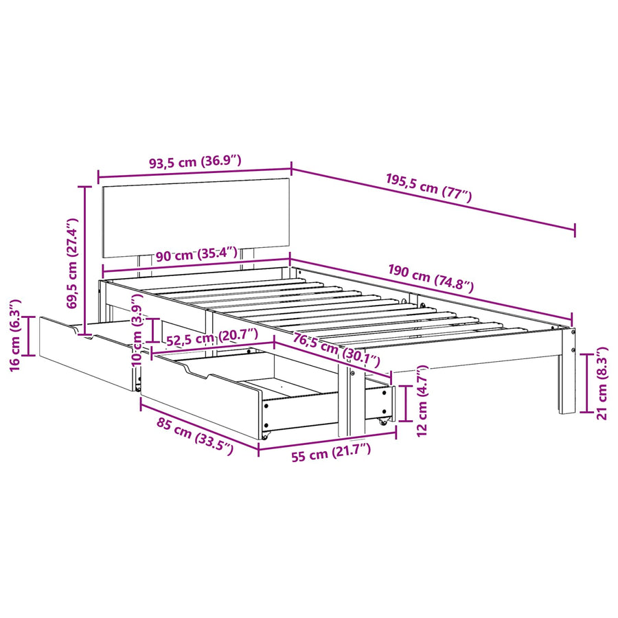 Bedframe met hoofdeinde 3 pcs Wasbruin Massief Vurenhout