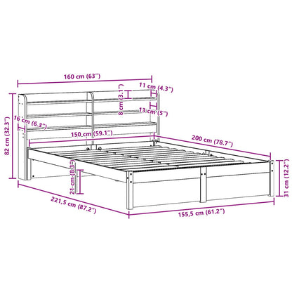 Bedframe met hoofdeinde Wasbruin 150 x 200 cm Massief Vurenhout