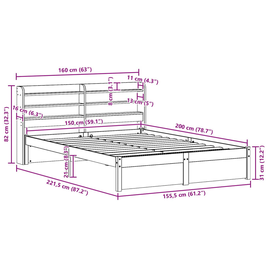Bedframe met hoofdeinde Wasbruin 150 x 200 cm Massief Vurenhout