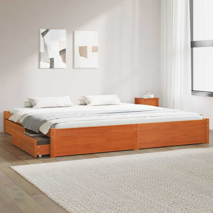 Bedframe met lade Wasbruin 200 x 200 cm Massief Vurenhout