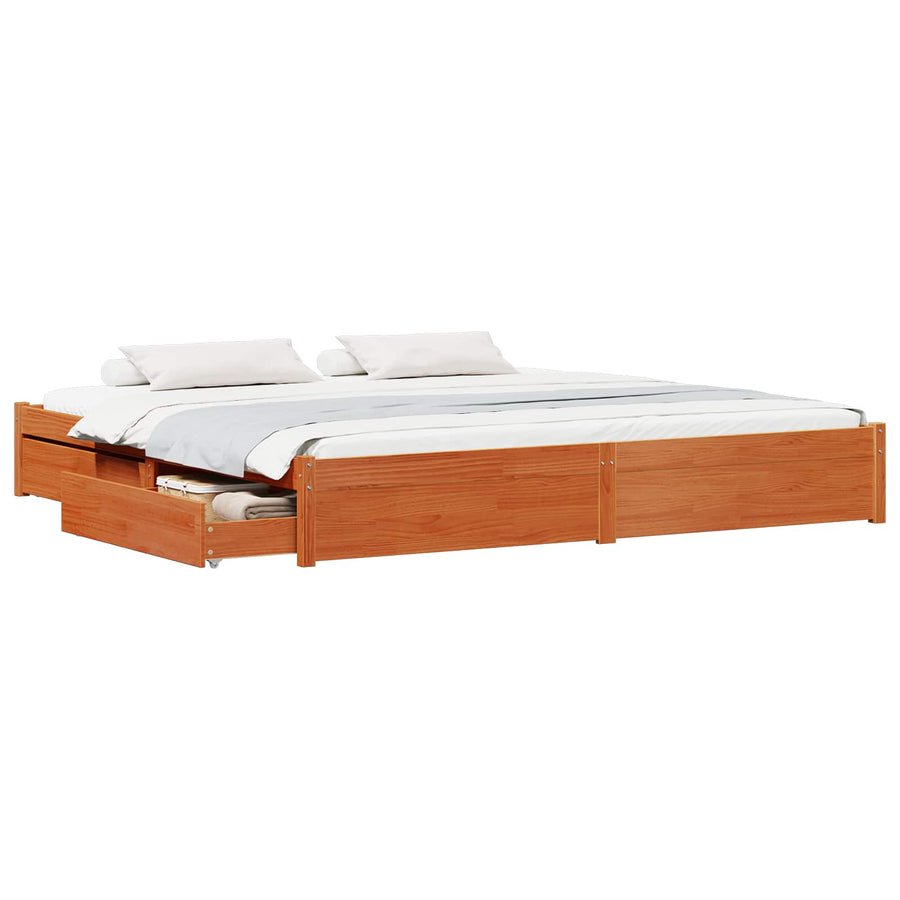 Bedframe met lade Wasbruin 200 x 200 cm Massief Vurenhout