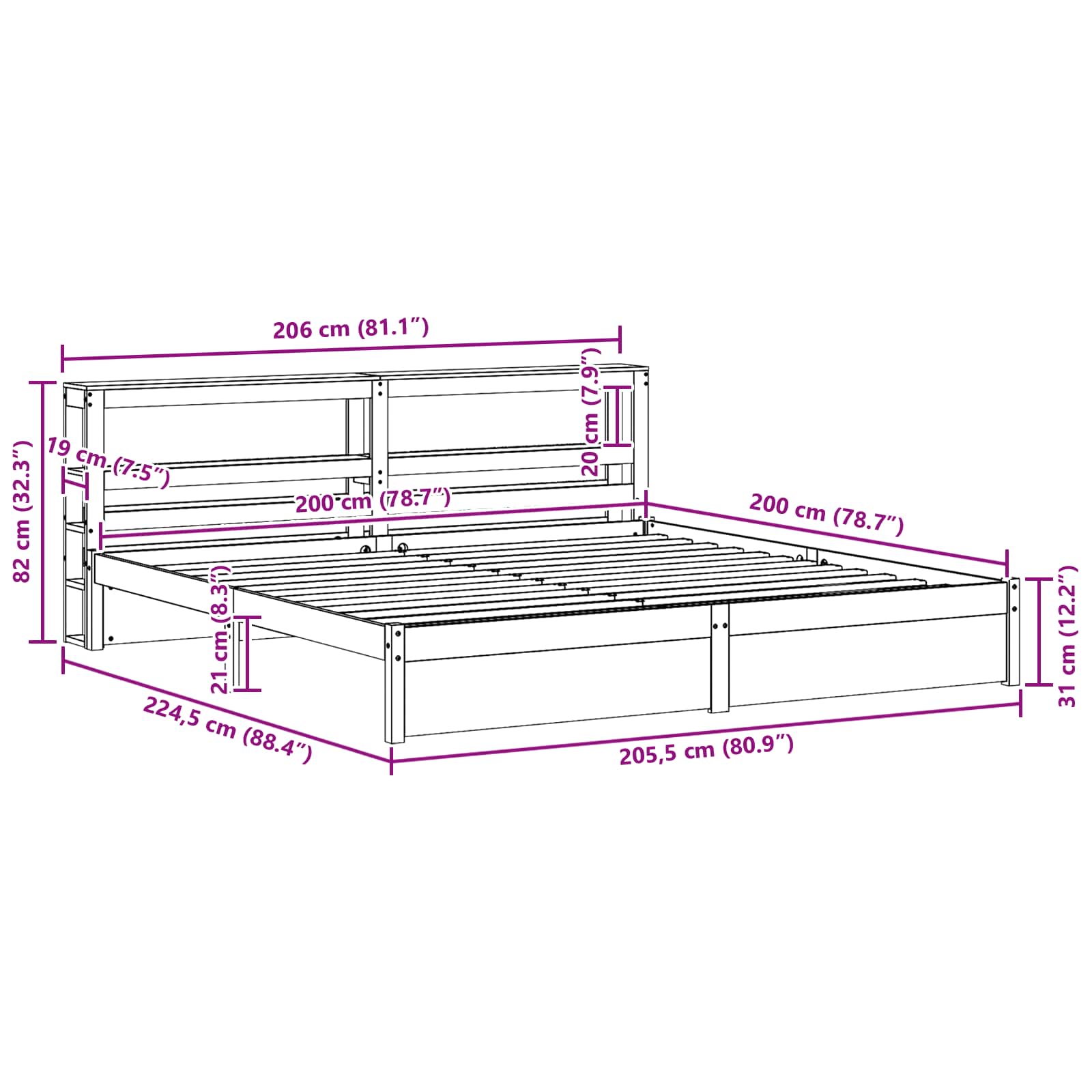 Bedframe met hoofdeinde Wasbruin 200 x 200 cm Massief Vurenhout