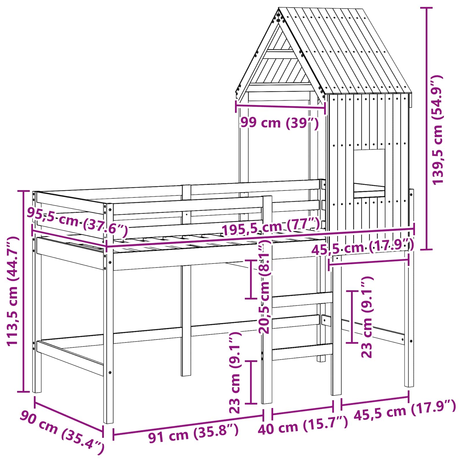 Hoogslaper bedframe Wasbruin 90 x 190 cm Massief grenenhout