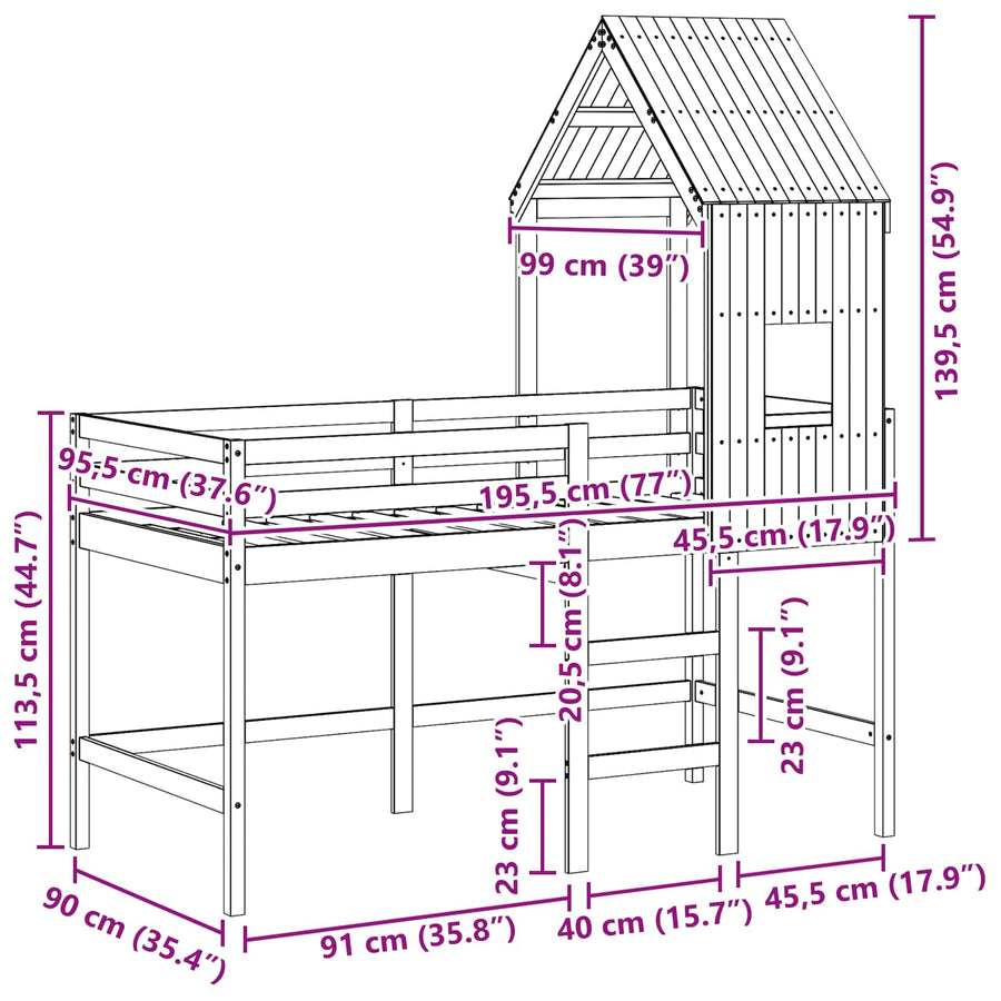 Hoogslaper bedframe Wasbruin 90 x 190 cm Massief grenenhout