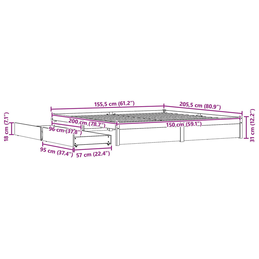 Bedframe met lade Wasbruin 150 x 200 cm Massief Vurenhout