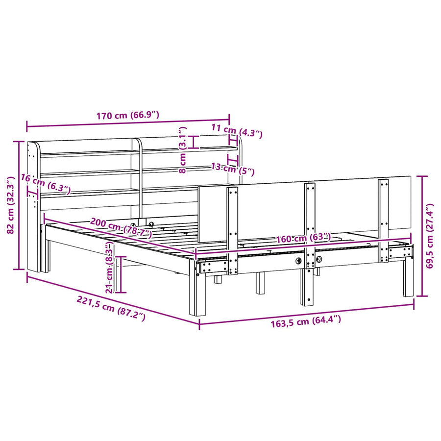 Bedframe met hoofdeinde 2 pcs Wasbruin Massief Vurenhout