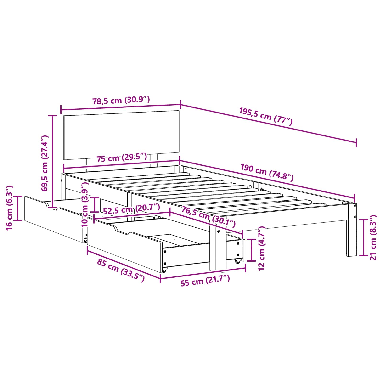 Bedframe met hoofdeinde Wasbruin 70 x 190 cm Massief Vurenhout