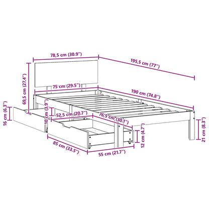 Bedframe met hoofdeinde Wasbruin 70 x 190 cm Massief Vurenhout