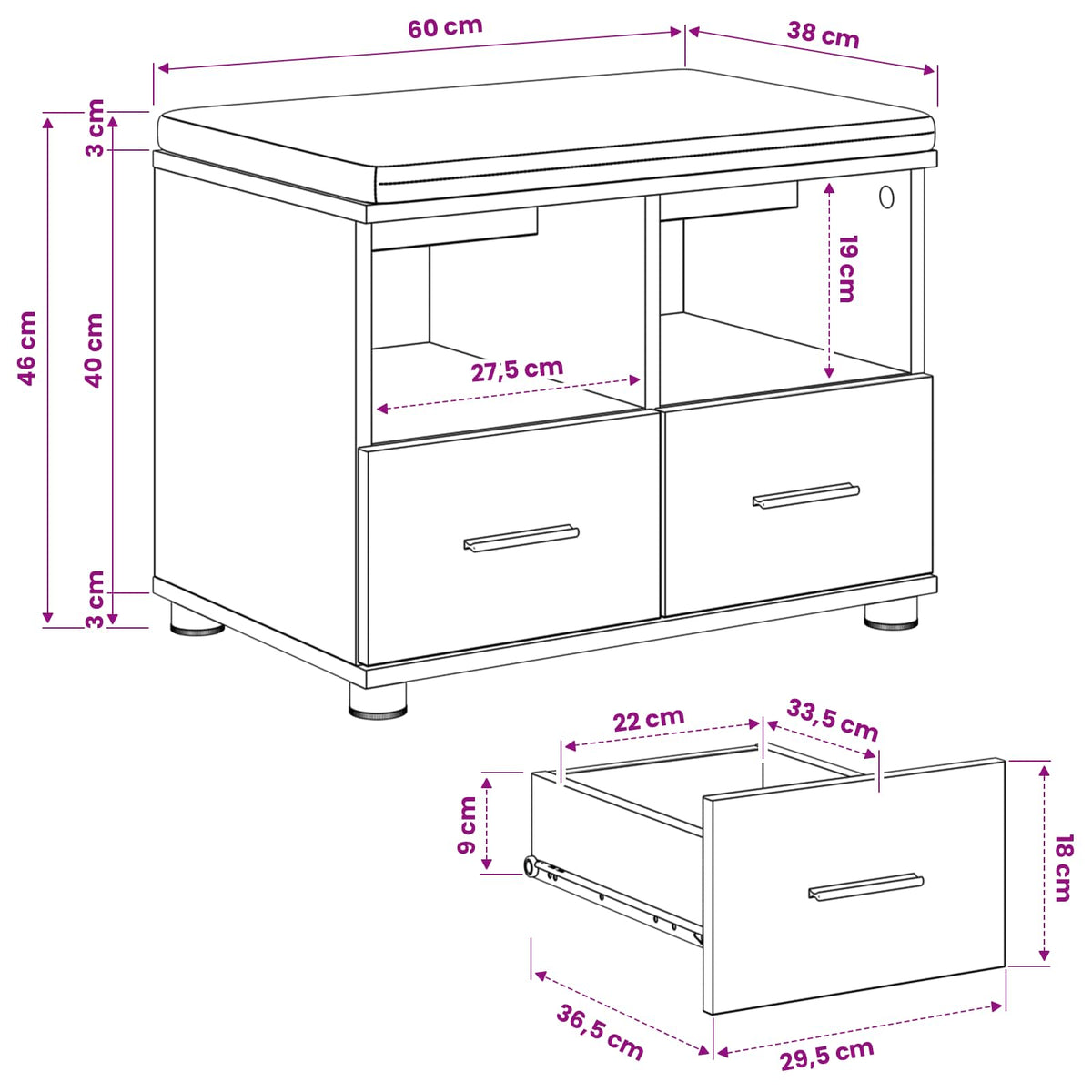 Schoenbank met kussen Artisanaal eiken 60 x 38 x 46 cm