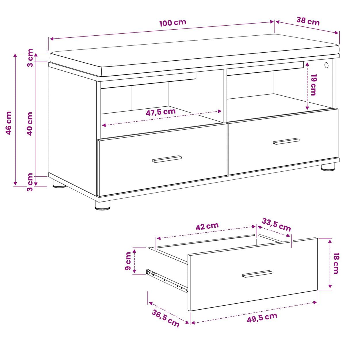 Schoenbank met kussen Artisanaal eiken 100 x 38 x 46 cm