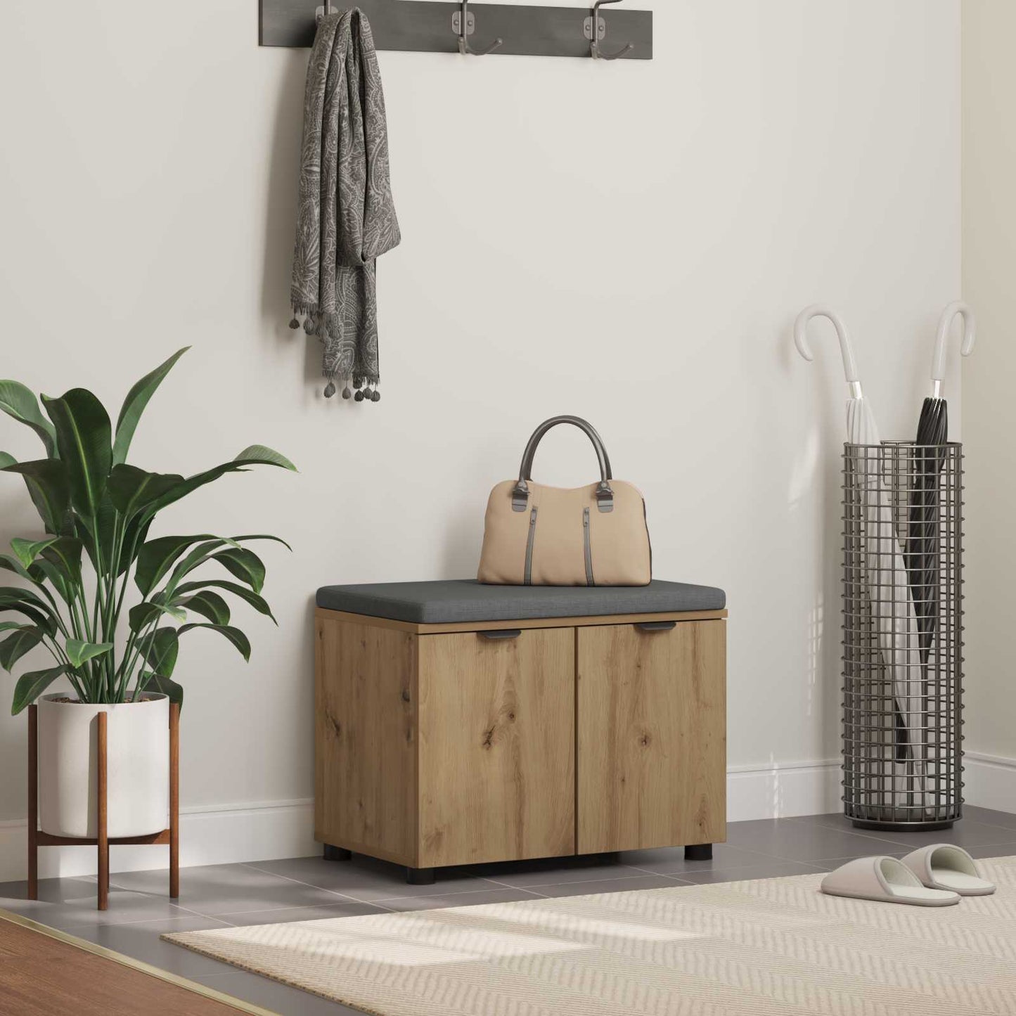 Schoenbank met kussen Artisanaal eiken 60 x 38 x 46 cm