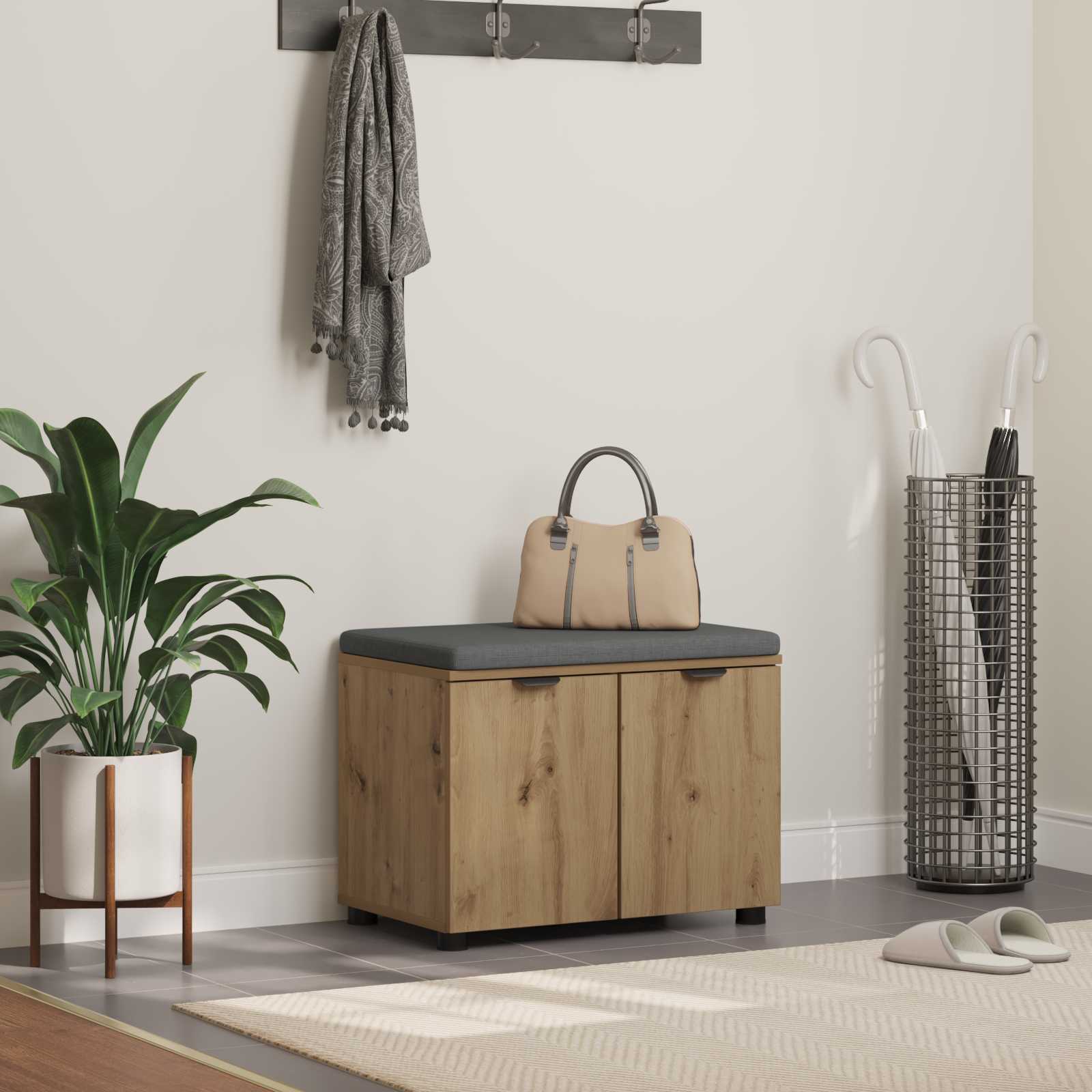 Schoenbank met kussen Artisanaal eiken 60 x 38 x 46 cm
