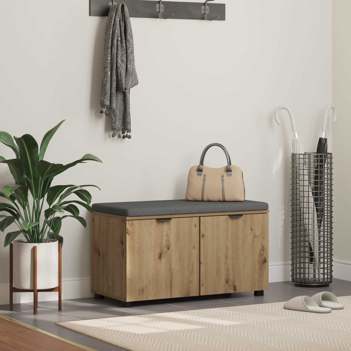 Schoenbank met kussen Artisanaal eiken 80 x 38 x 46 cm