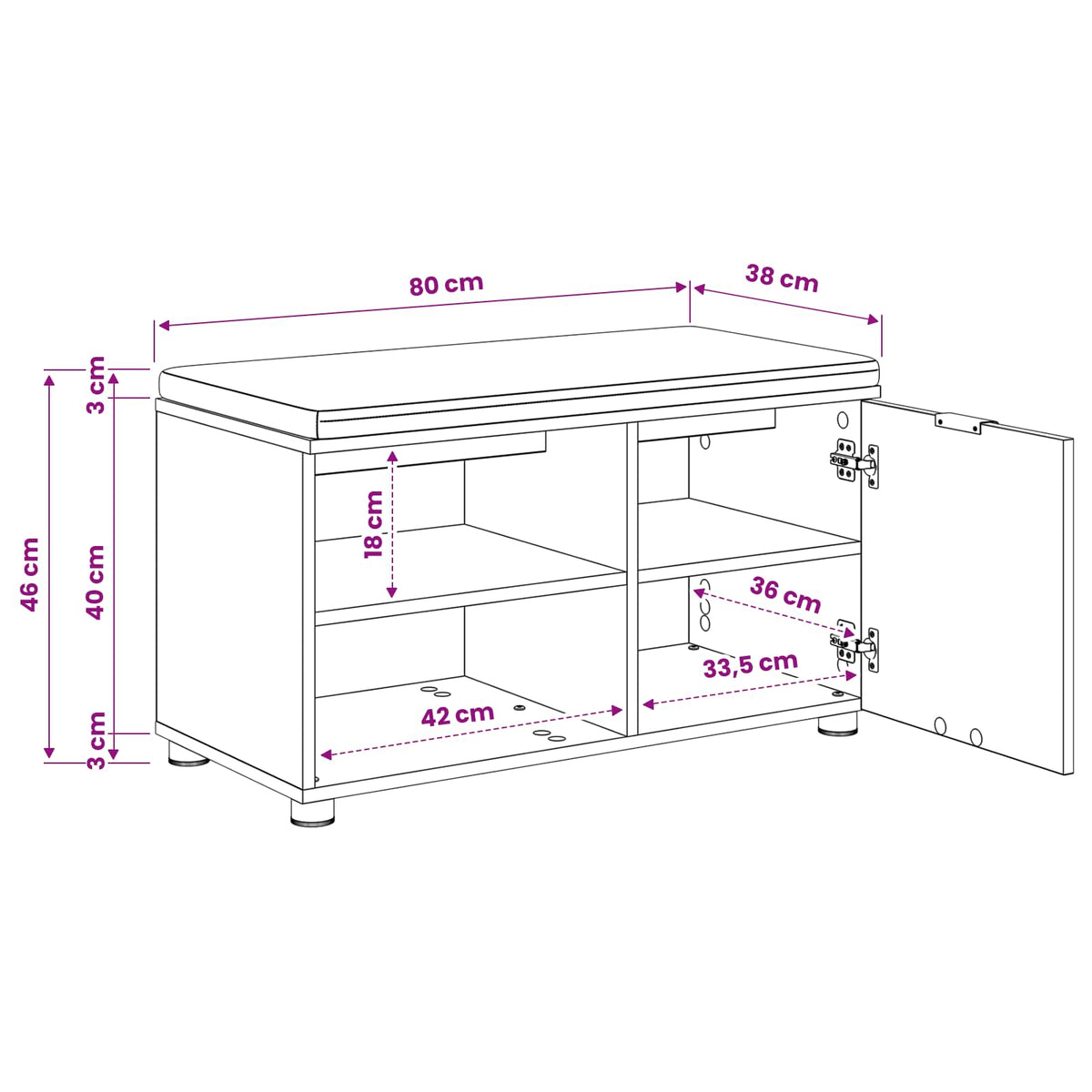 Schoenbank met kussen Artisanaal eiken 80 x 38 x 46 cm