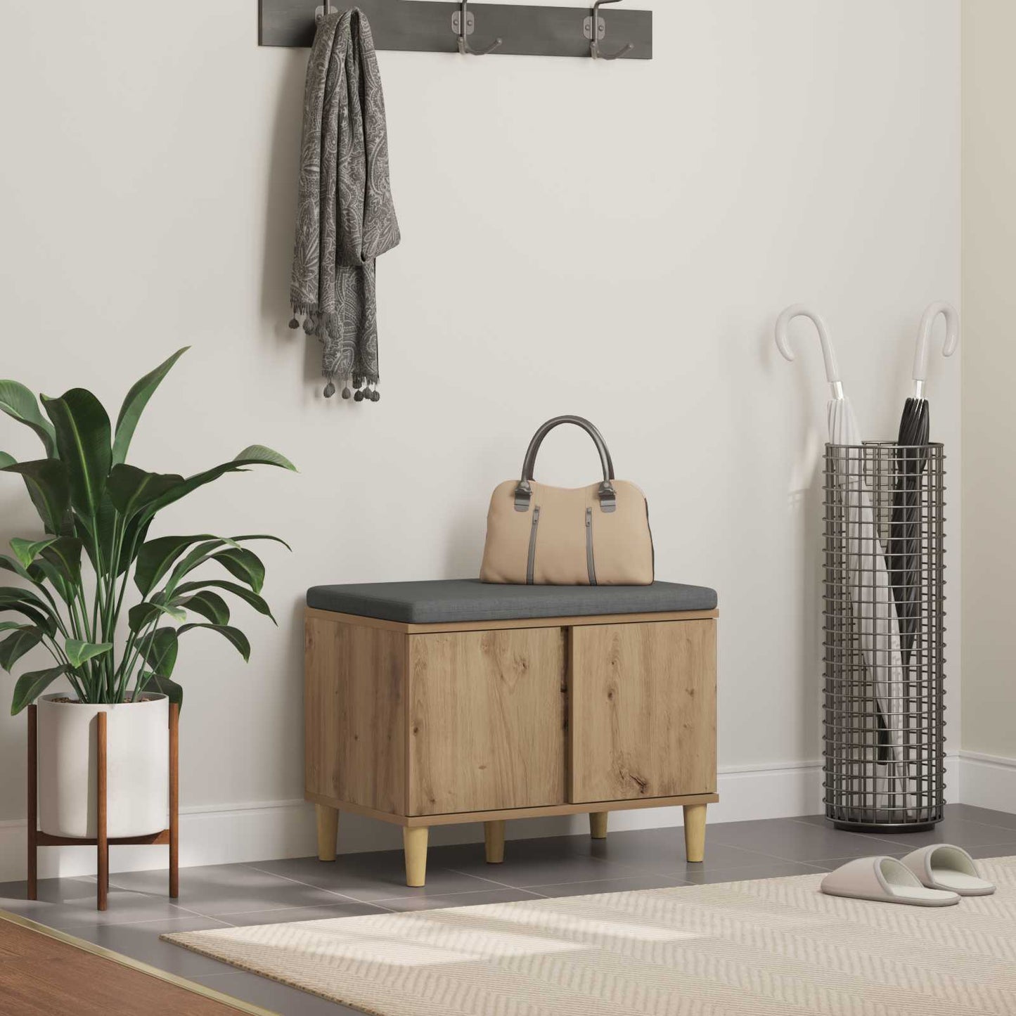Schoenbank met kussen Artisanaal eiken 60 x 38 x 46 cm
