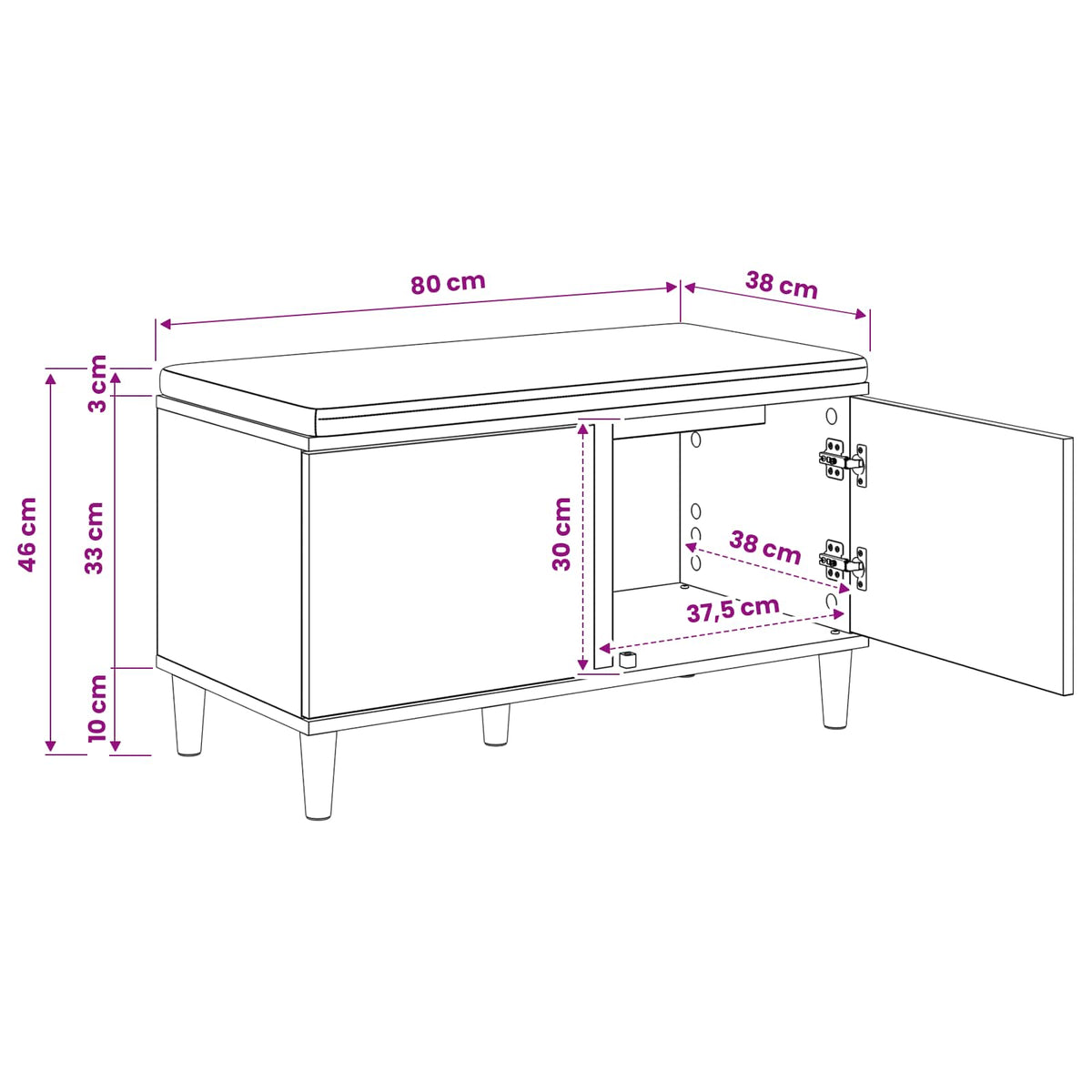 Schoenbank met kussen Artisanaal eiken 80 x 38 x 46 cm