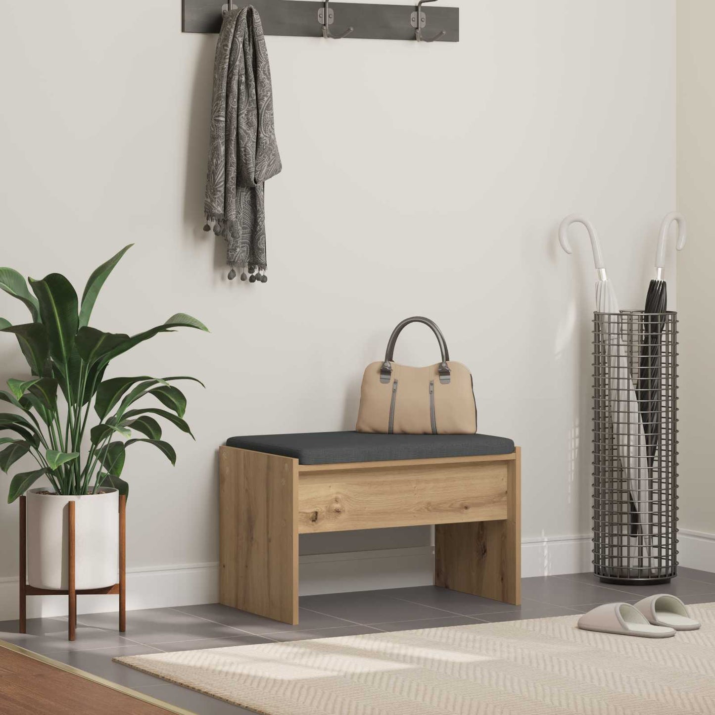 Schoenbank met kussen Artisanaal eiken 63 x 38 x 40 cm