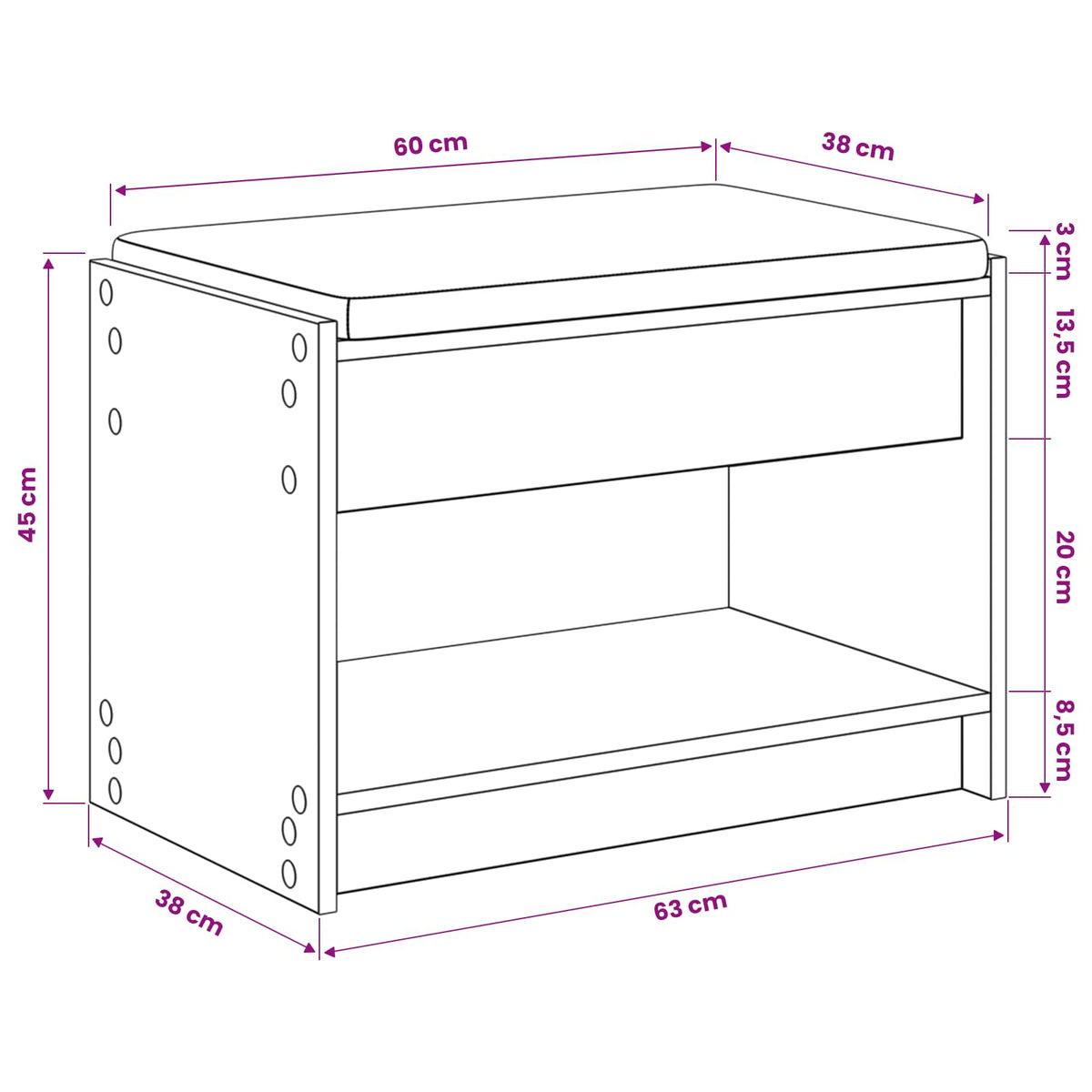 Schoenbank met kussen Artisanaal eiken 63 x 38 x 45 cm