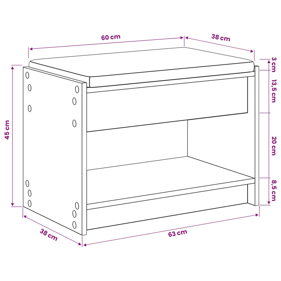 Schoenbank met kussen Artisanaal eiken 63 x 38 x 45 cm