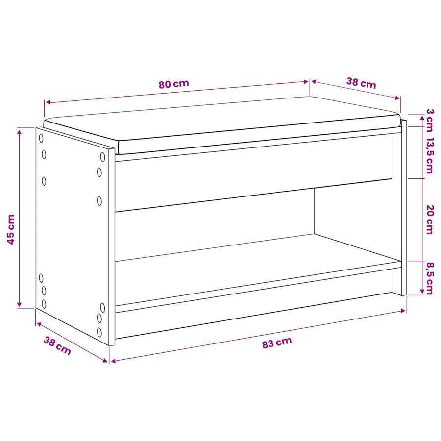 Schoenbank met kussen Artisanaal eiken 83 x 38 x 45 cm