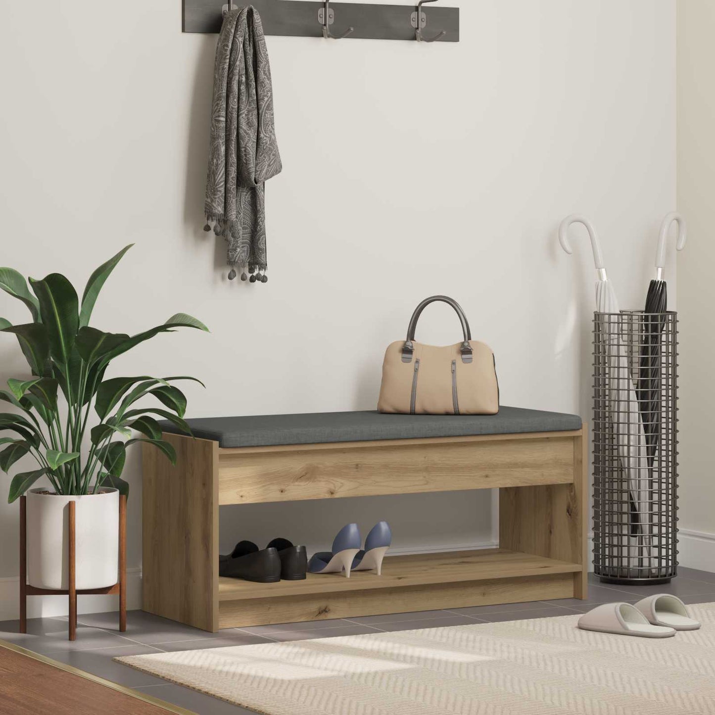 Schoenbank met kussen Artisanaal eiken 103 x 38 x 45 cm