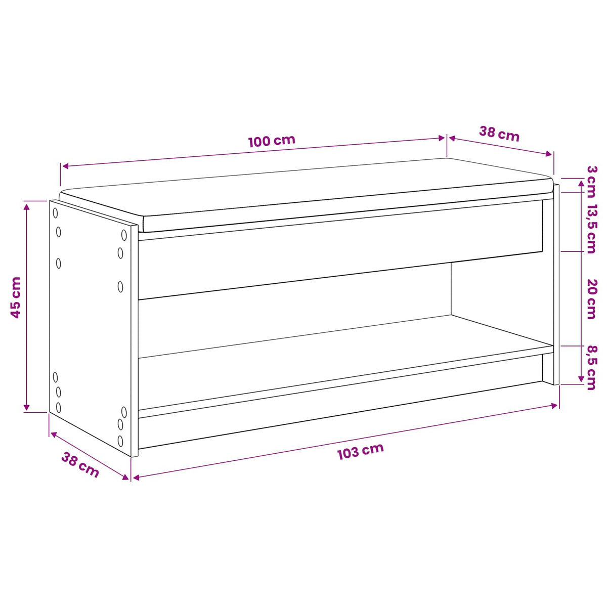 Schoenbank met kussen Artisanaal eiken 103 x 38 x 45 cm
